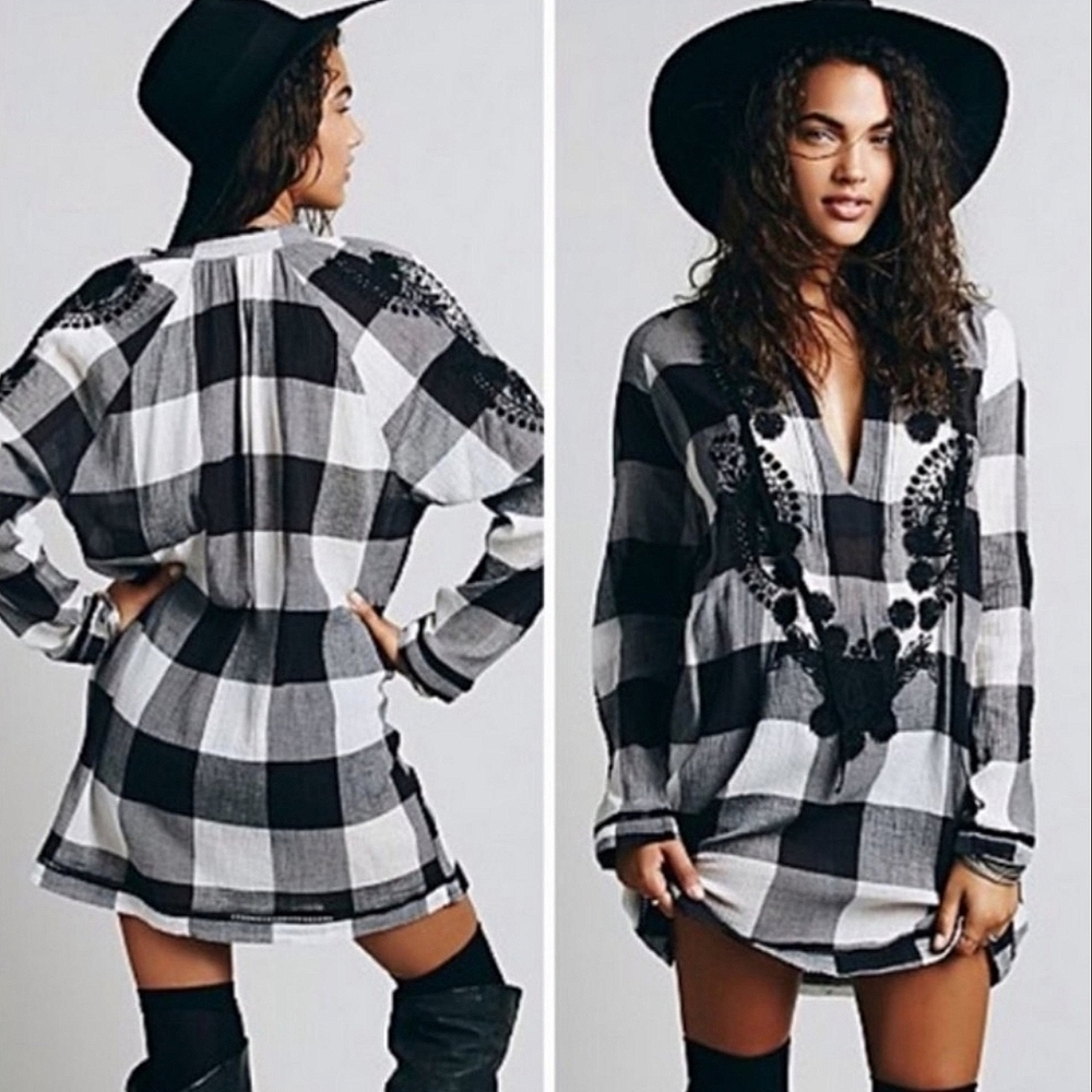 Free People Embroidered & Beaded Buffalo Plaid Gauze Long Sleeve Tunic Top XS - Picture 12 of 12